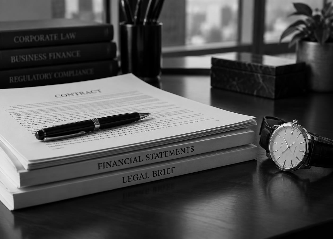 Documentos corporativos y un reloj sobre un escritorio